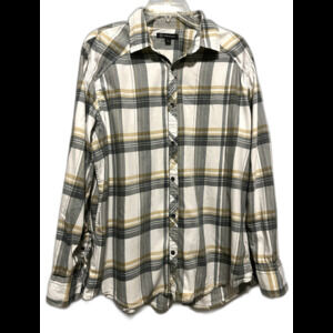 I.N.C Button Up Shirt Large Beige Green White  Long Sleeve 100% Cotton